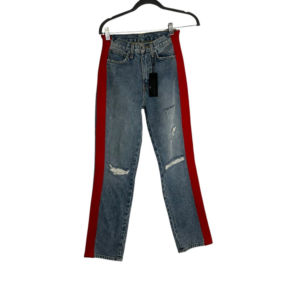 Carmen Straight Thrashed Distressed High Rise Red Tuxedo Stripe Denim Blue Jeans